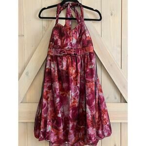 Torrid size 14 floral mesh halter bubble dress bow burgundy womens